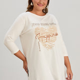 Памучна туника в големи размери с щампа Happiness - екрю