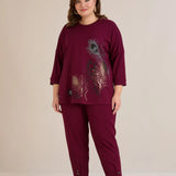 Еластичен дамски панталон с копчета - бургунди