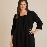 Памучна туника с набор и квадратно деколте - черен