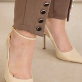 Еластичен дамски панталон с копчета - визон