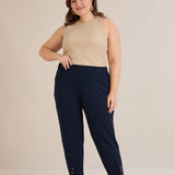 Еластичен дамски панталон с копчета - тъмносин