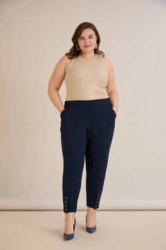 Еластичен дамски панталон с копчета - тъмносин