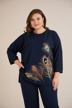 Пролетна блуза с щампа - тъмносин
