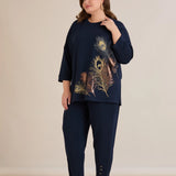 Еластичен дамски панталон с копчета - тъмносин