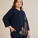 Пролетна блуза с щампа - тъмносин