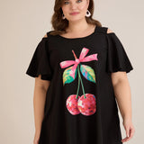 Лятна памучна туника с щампа - черен