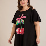 Лятна памучна туника с щампа - черен