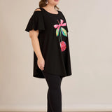 Лятна памучна туника с щампа - черен