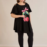 Лятна памучна туника с щампа - черен