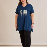 Памучна туника с V-деколте и щампа - синя