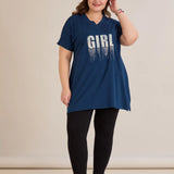 Памучна туника с V-деколте и щампа - синя