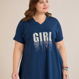 Памучна туника с V-деколте и щампа - синя