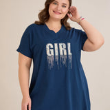 Памучна туника с V-деколте и щампа - синя