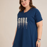 Памучна туника с V-деколте и щампа - синя