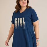 Памучна туника с V-деколте и щампа - синя