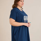 Памучна туника с V-деколте и щампа - синя