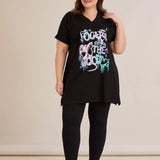 Памучна туника с V-деколте и щампа - черна