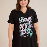 Памучна туника с V-деколте и щампа - черна