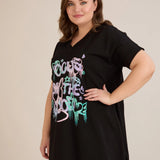 Памучна туника с V-деколте и щампа - черна