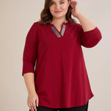 Памучна туника с блестящо V-деколте - бордо