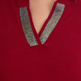 Памучна туника с блестящо V-деколте - бордо