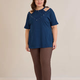 Памучна блуза с атрактивно деколте и перли - син