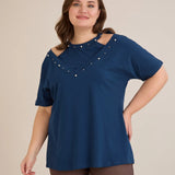 Памучна блуза с атрактивно деколте и перли - син