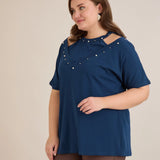 Памучна блуза с атрактивно деколте и перли - син