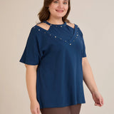 Памучна блуза с атрактивно деколте и перли - син