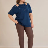 Памучна блуза с атрактивно деколте и перли - син