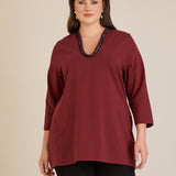 Памучна блуза V-деколте със сребрист ширит - бордо