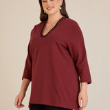 Памучна блуза V-деколте със сребрист ширит - бордо