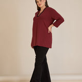 Памучна блуза V-деколте със сребрист ширит - бордо