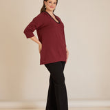 Памучна блуза V-деколте със сребрист ширит - бордо