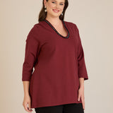 Памучна блуза V-деколте със сребрист ширит - бордо