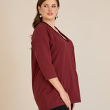 Памучна блуза V-деколте със сребрист ширит - бордо