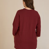 Памучна блуза V-деколте със сребрист ширит - бордо