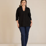 Памучна блуза с V-деколте със сребрист ширит - черен