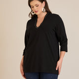 Памучна блуза с V-деколте със сребрист ширит - черен