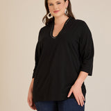 Памучна блуза с V-деколте със сребрист ширит - черен