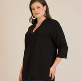 Памучна блуза с V-деколте със сребрист ширит - черен