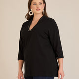 Памучна блуза с V-деколте със сребрист ширит - черен