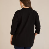 Памучна блуза с V-деколте със сребрист ширит - черен