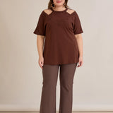 Памучна блуза с атрактивно деколте и перли - шоколад