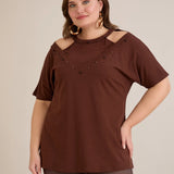 Памучна блуза с атрактивно деколте и перли - шоколад