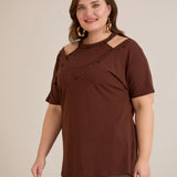 Памучна блуза с атрактивно деколте и перли - шоколад