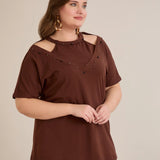 Памучна блуза с атрактивно деколте и перли - шоколад