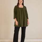 Памучна туника с набор и квадратно деколте - каки