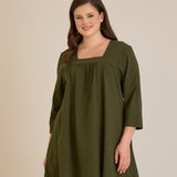 Памучна туника с набор и квадратно деколте - каки