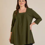 Памучна туника с набор и квадратно деколте - каки